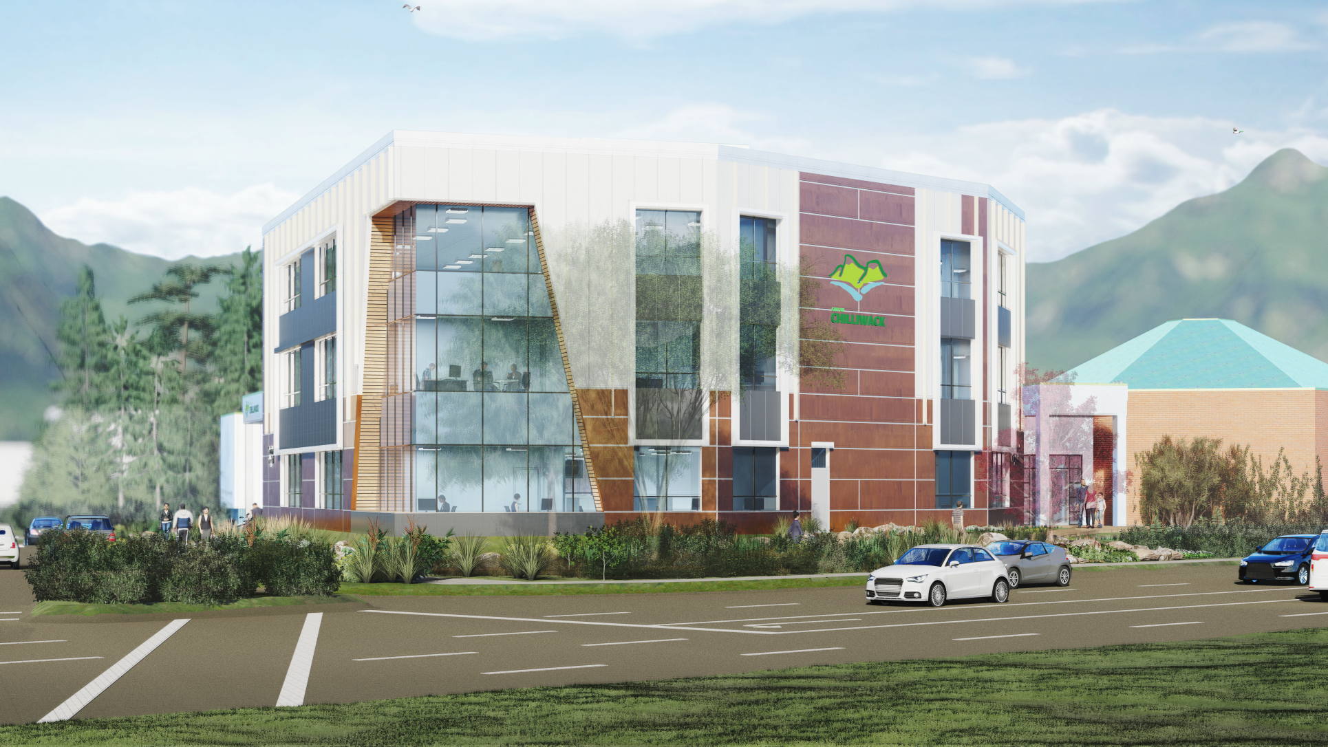 A rendering of the future City Hall addition shows the new building next to the old building.